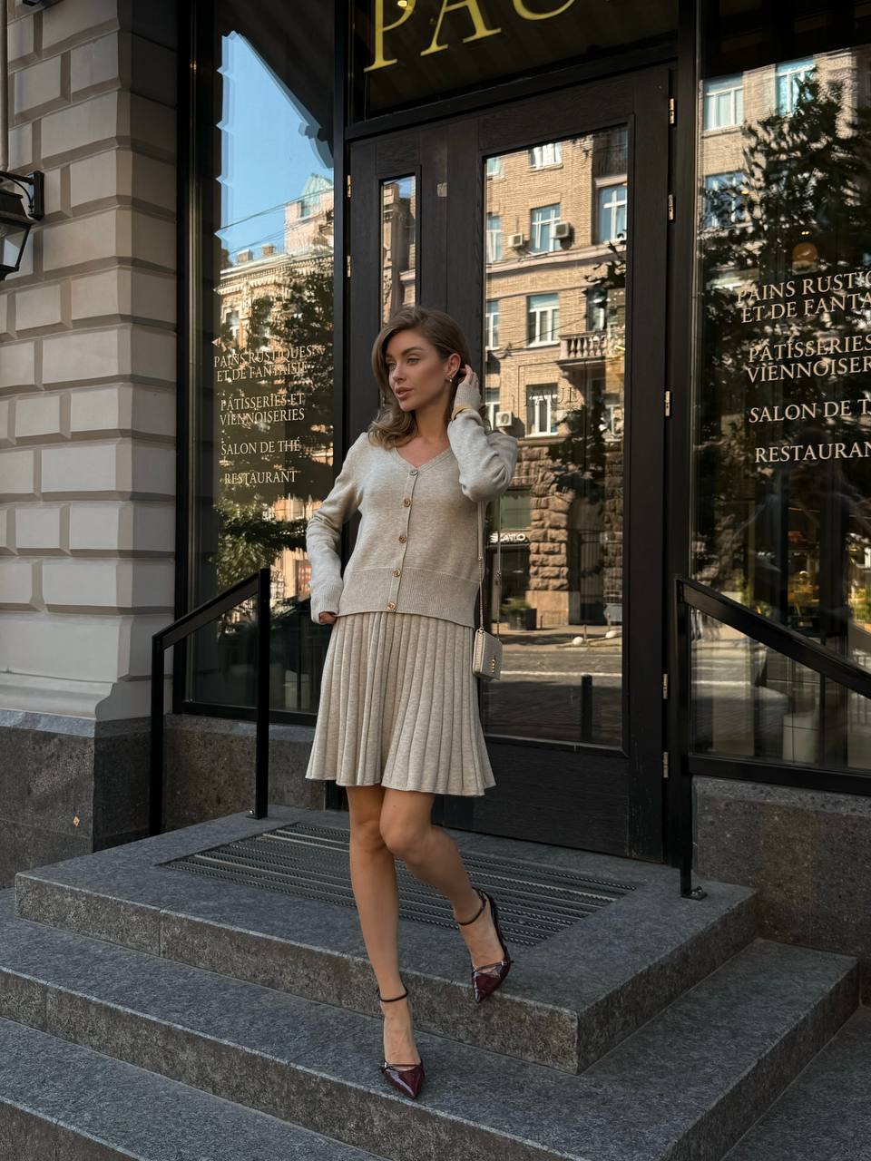 Elegant Knit Two Piece Set – Cardigan and Pleated Skirt