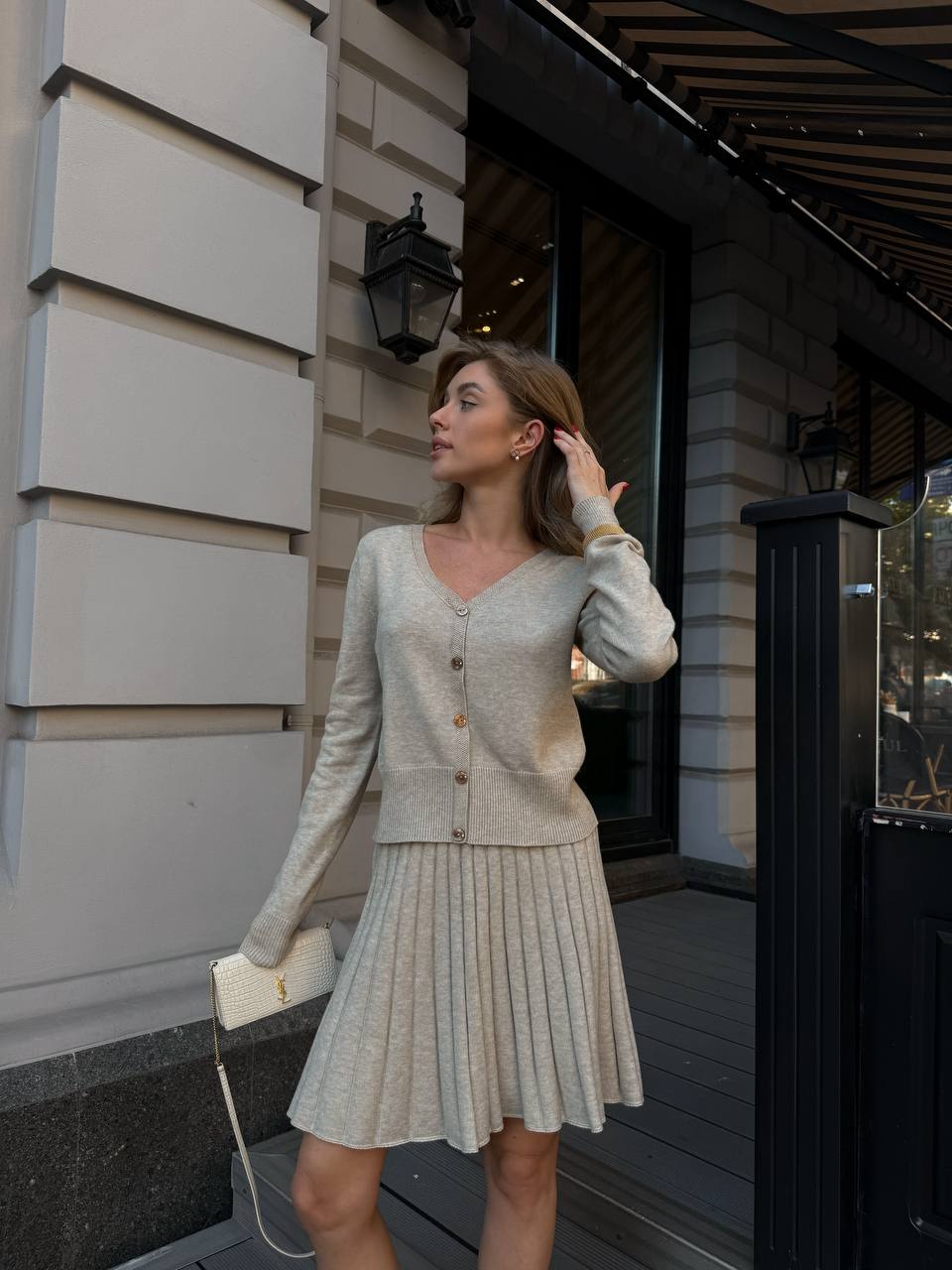 Elegant Knit Two Piece Set – Cardigan and Pleated Skirt