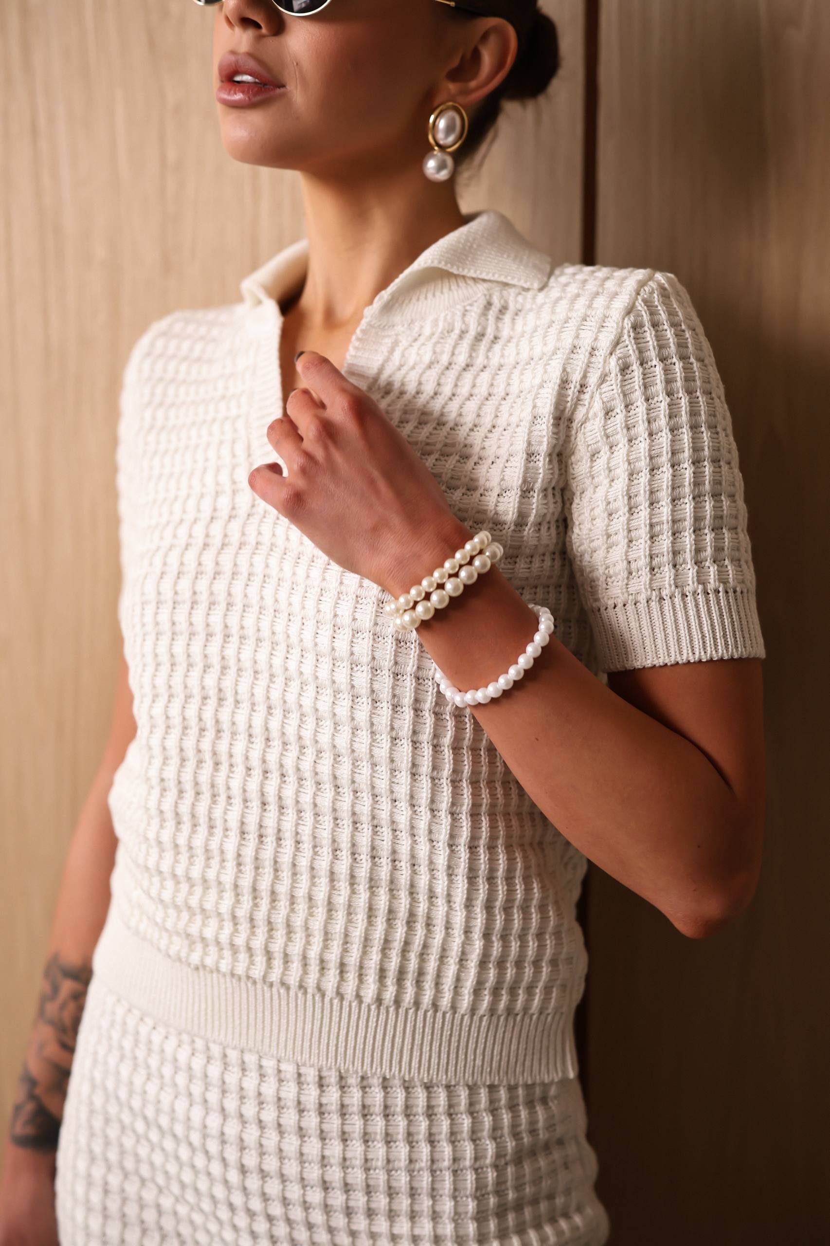 Knitted Two Piece Set Women – Polo Top & Mini Skirt Outfit