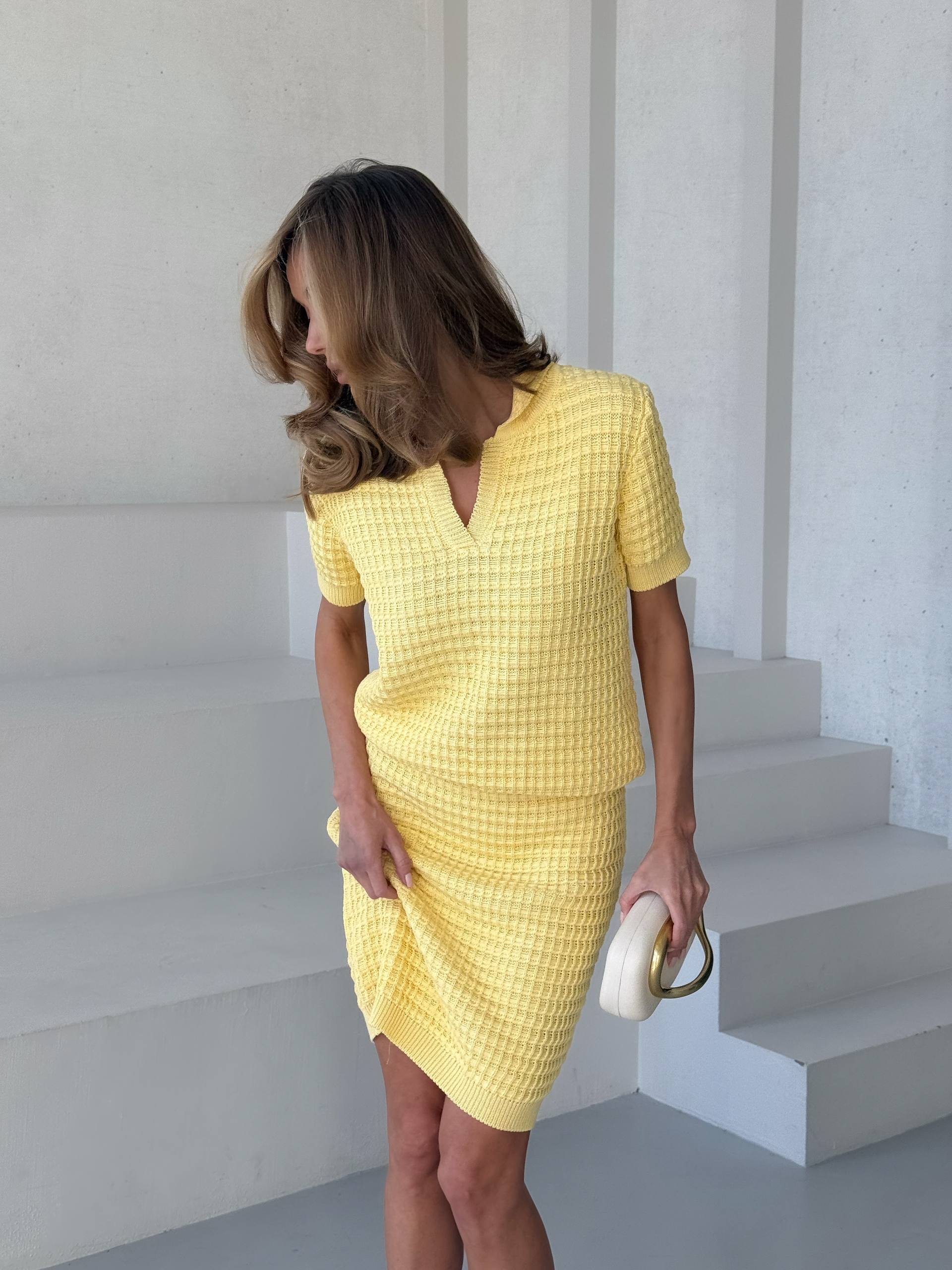 Knitted Two Piece Set Women – Polo Top & Mini Skirt Outfit