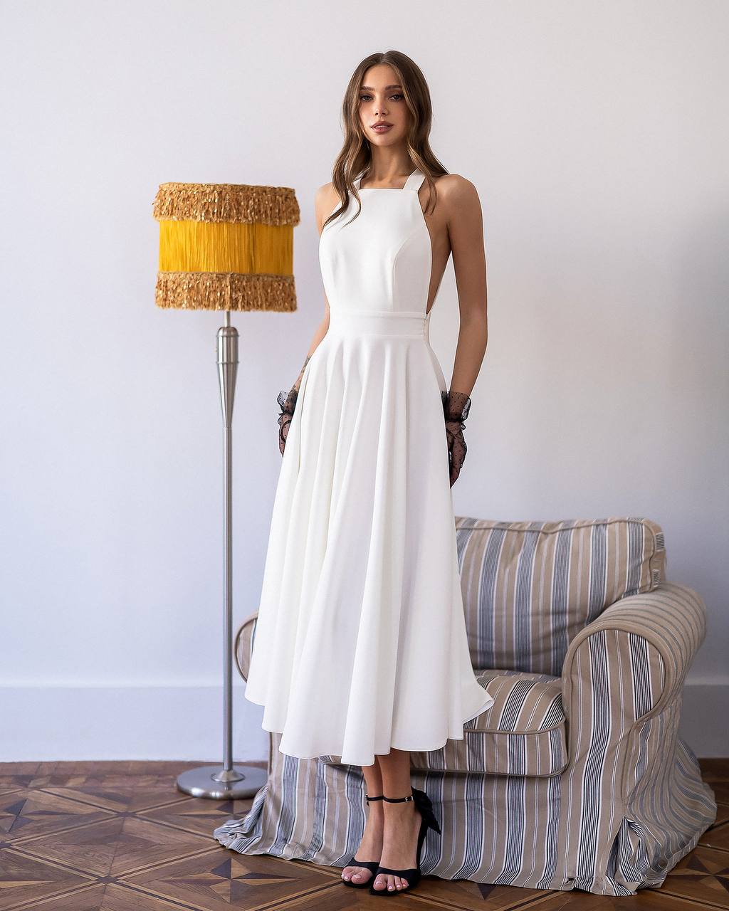 Classic Premium Twill Midi Dress with Elegant Drape, Tailored Fit