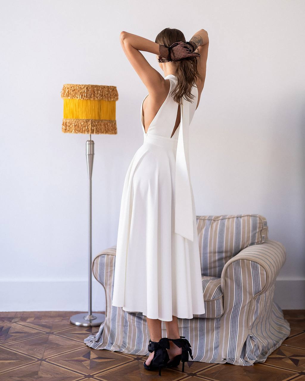 Classic Premium Twill Midi Dress with Elegant Drape, Tailored Fit
