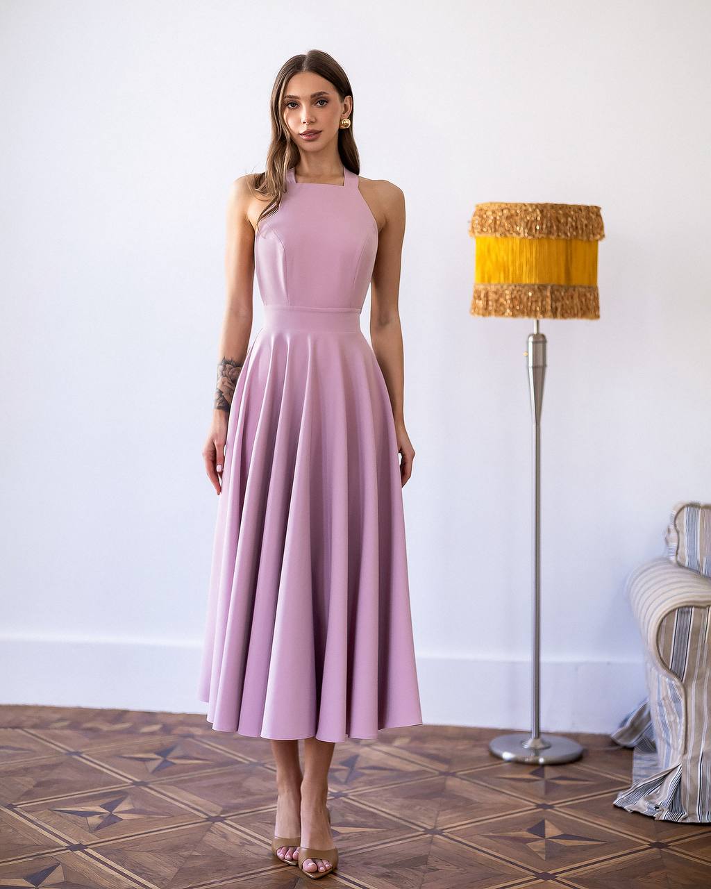 Classic Premium Twill Midi Dress with Elegant Drape, Tailored Fit