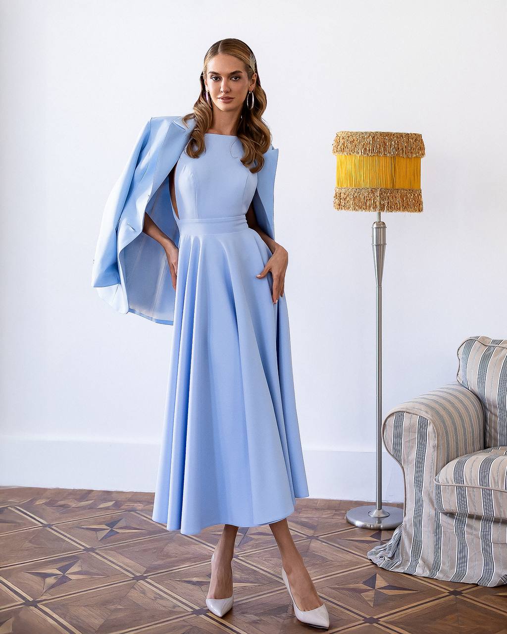 Classic Premium Twill Midi Dress with Elegant Drape, Tailored Fit
