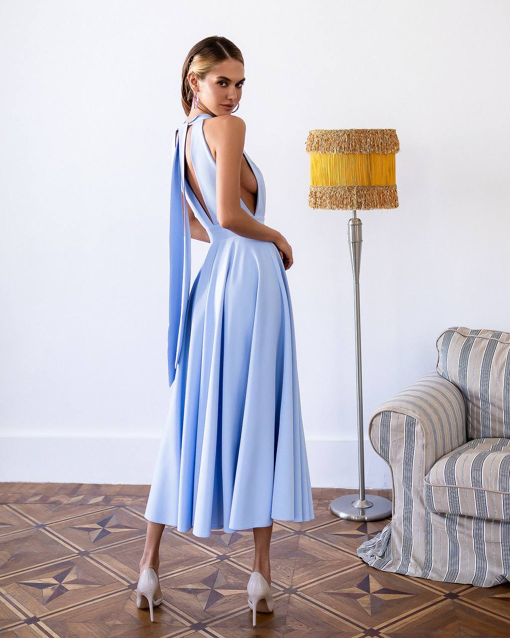 Classic Premium Twill Midi Dress with Elegant Drape, Tailored Fit