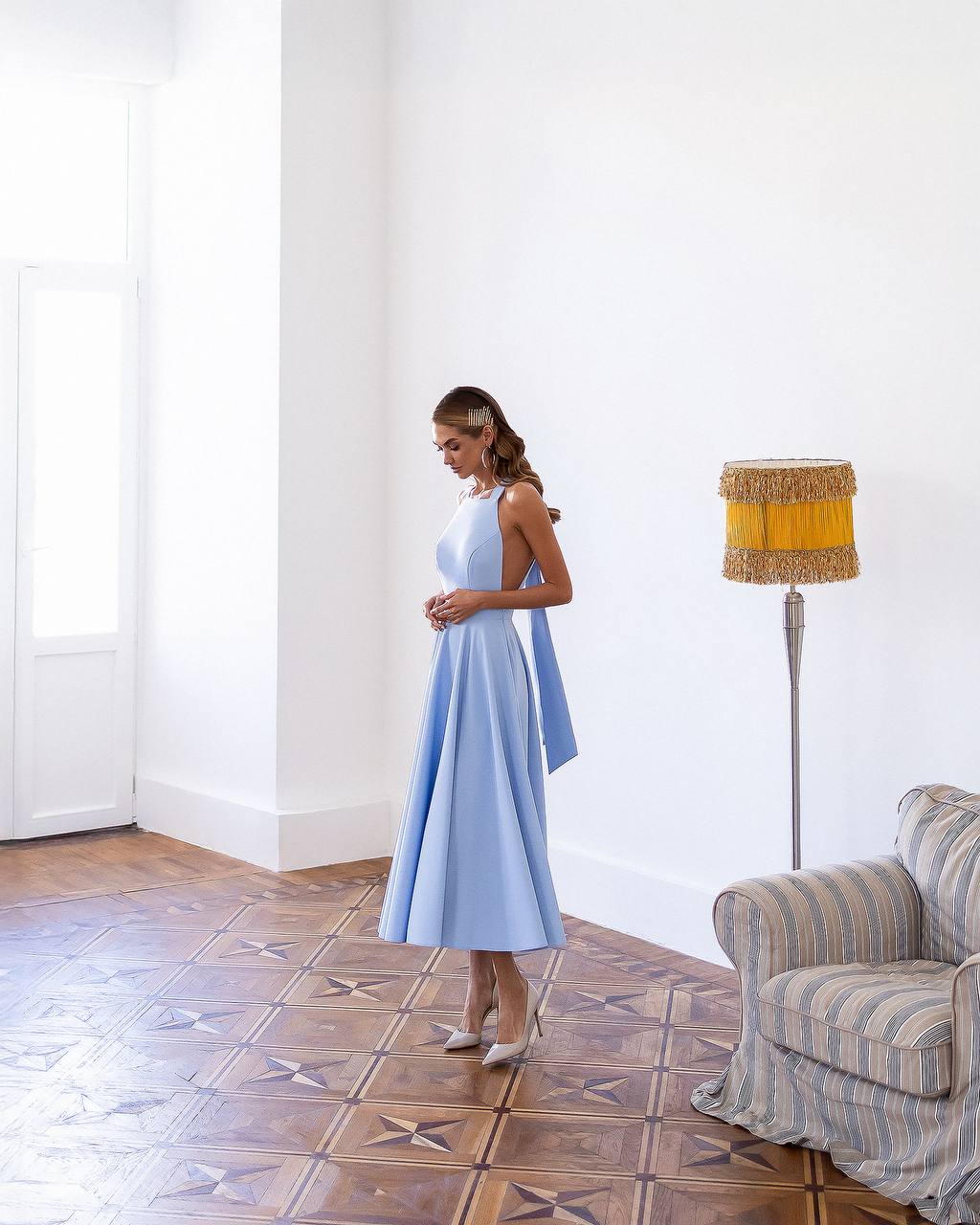 Classic Premium Twill Midi Dress with Elegant Drape, Tailored Fit