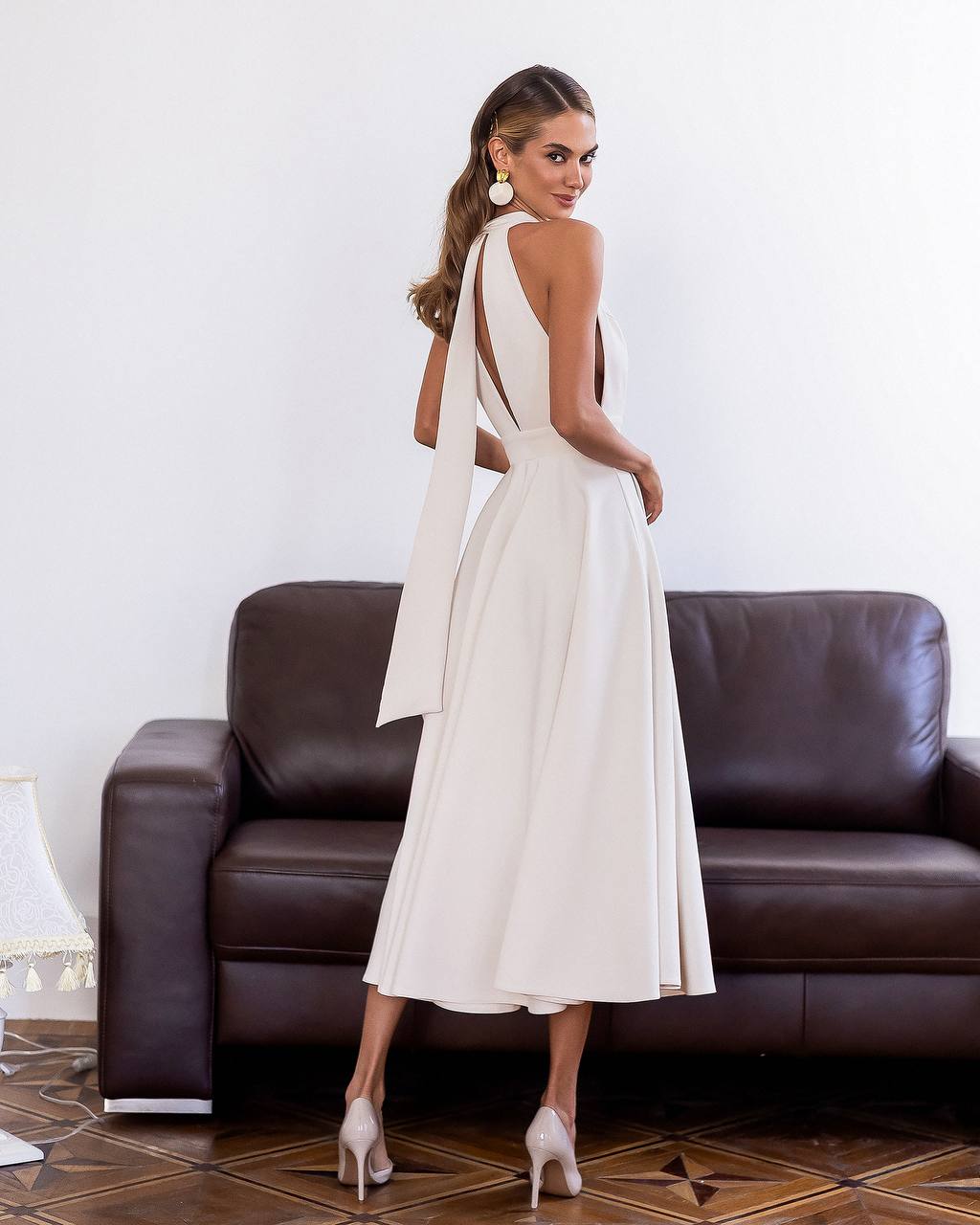 Classic Premium Twill Midi Dress with Elegant Drape, Tailored Fit