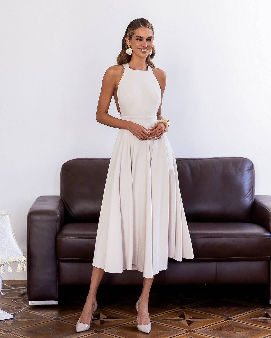 Classic Premium Twill Midi Dress with Elegant Drape, Tailored Fit