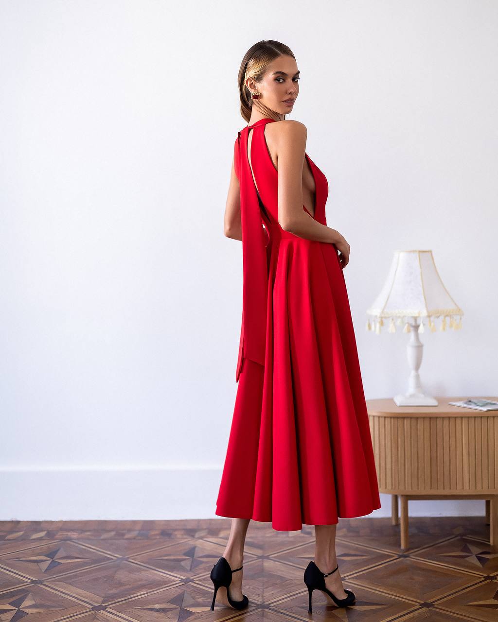 Classic Premium Twill Midi Dress with Elegant Drape, Tailored Fit