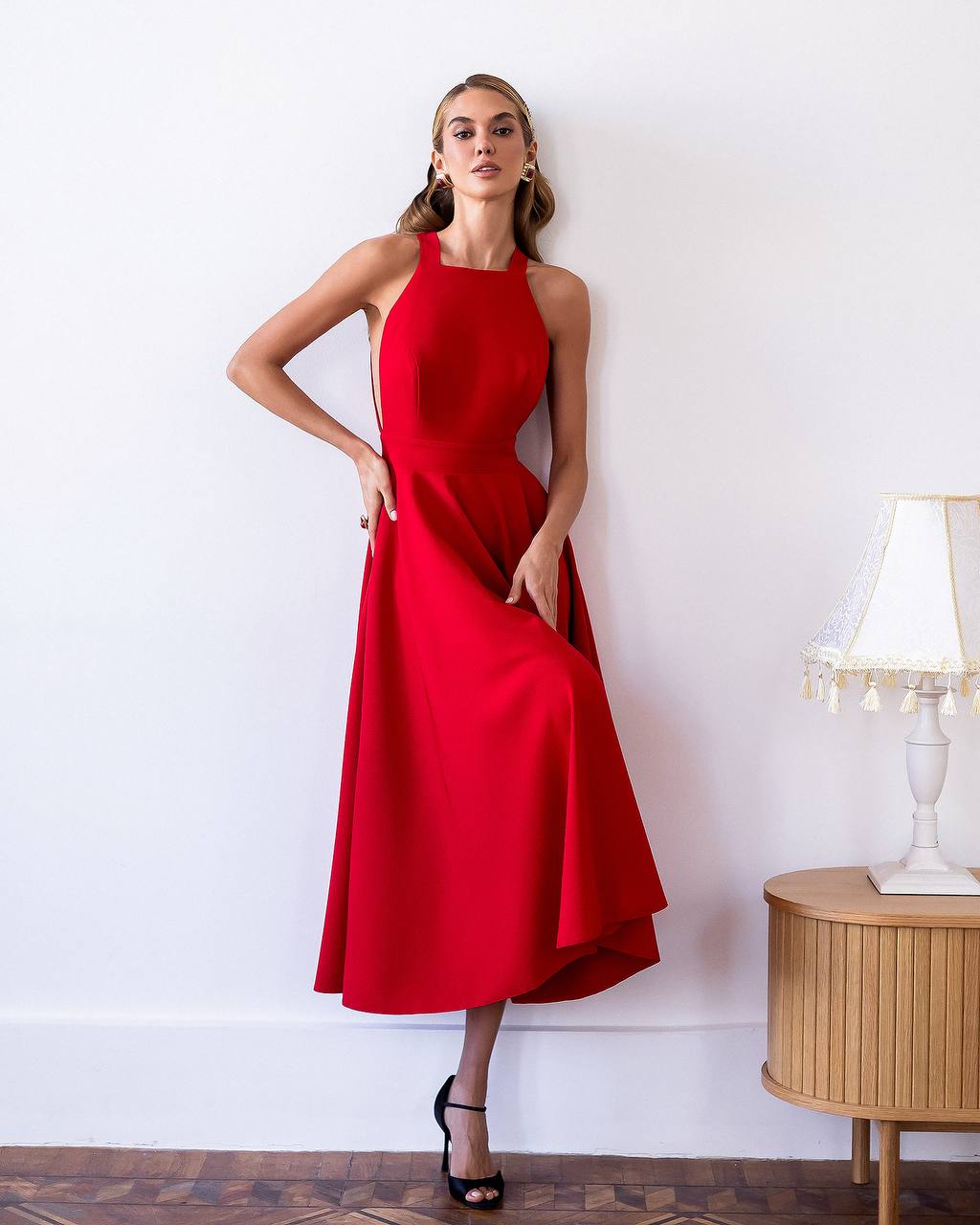 Classic Premium Twill Midi Dress with Elegant Drape, Tailored Fit