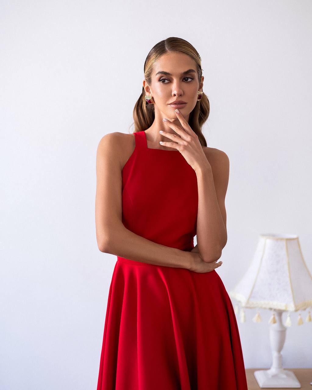 Classic Premium Twill Midi Dress with Elegant Drape, Tailored Fit