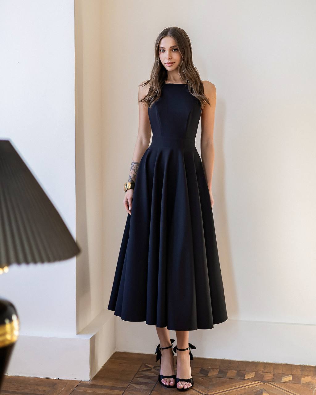 Classic Premium Twill Midi Dress with Elegant Drape, Tailored Fit