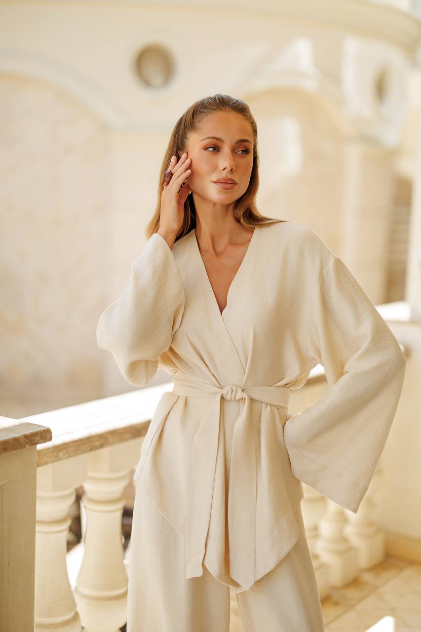 Elegant Linen Kimono Set with Belt – Women’s Relaxed Summer Suit