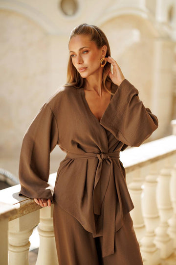 Elegant Linen Kimono Set with Belt – Women’s Relaxed Summer Suit