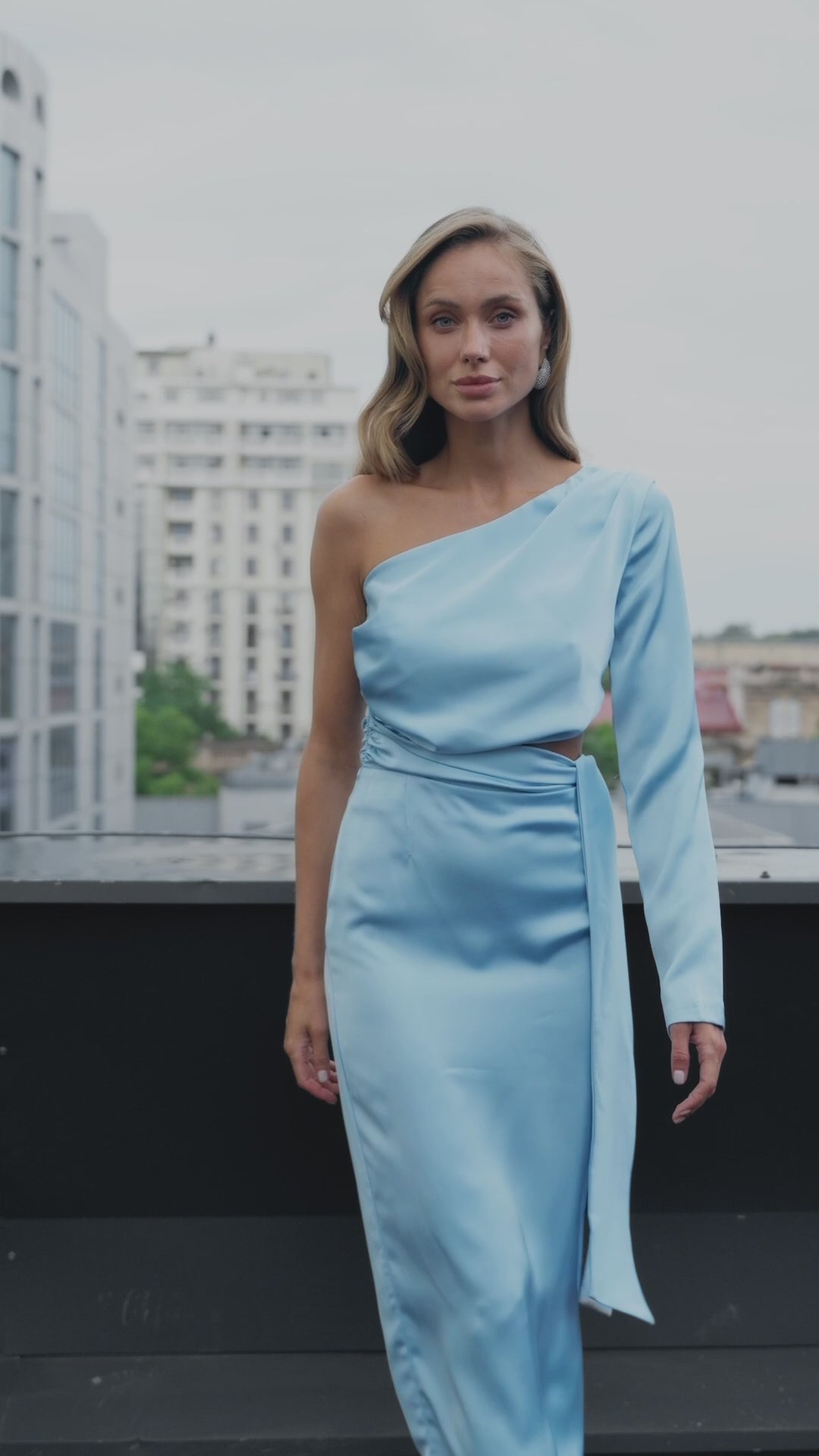 Long-Sleeve Satin Midi Dress in Classic Neutrals & Light Blue