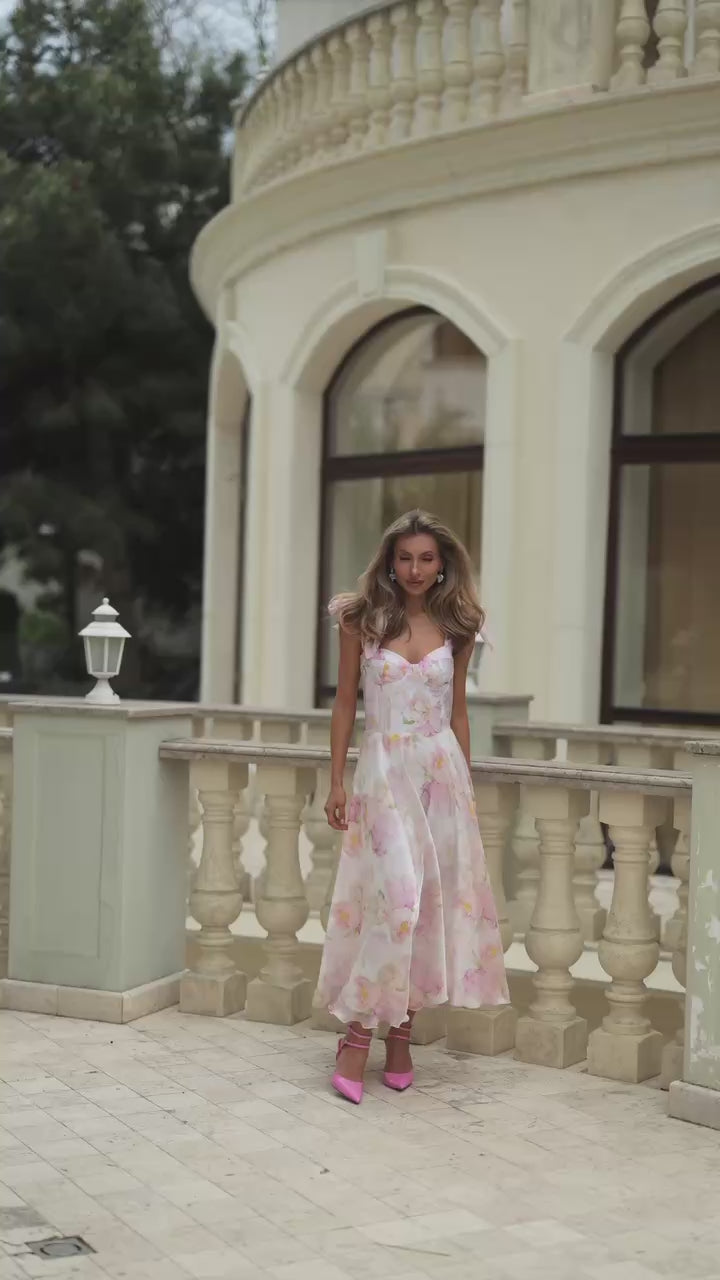 Pink Floral Decorative Organza Dress with 100% Cotton Lining