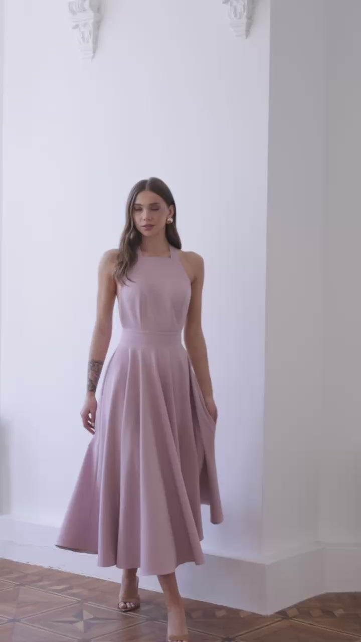 Classic Premium Twill Midi Dress with Elegant Drape, Tailored Fit