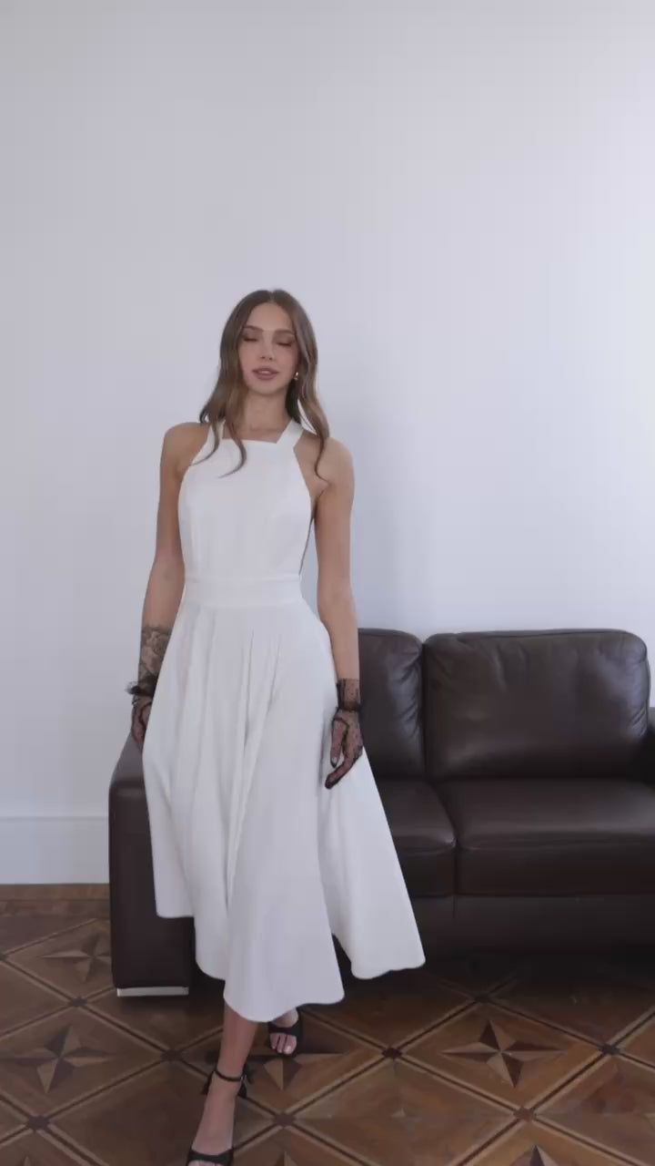 Classic Premium Twill Midi Dress with Elegant Drape, Tailored Fit