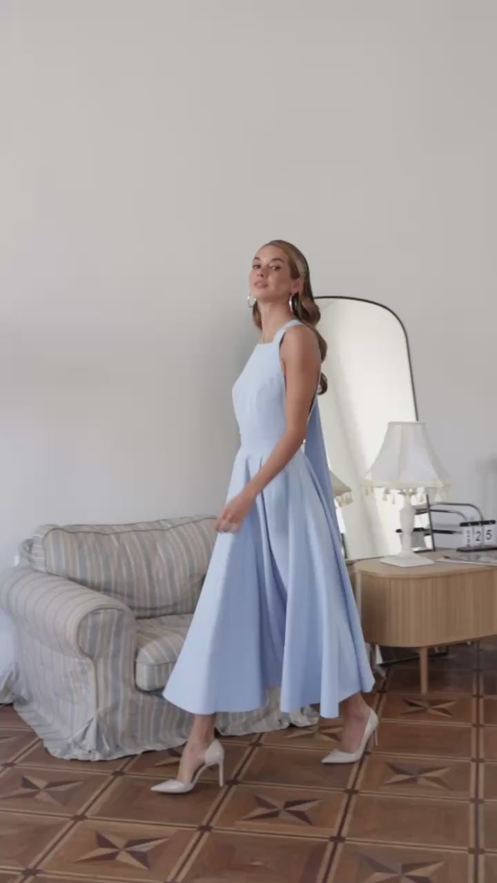 Classic Premium Twill Midi Dress with Elegant Drape, Tailored Fit