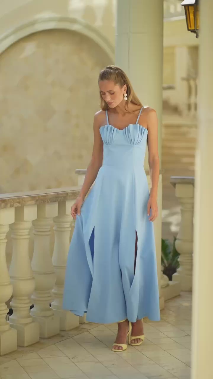 Elegant Midi Crepe Dress with Pleated Bust and Side Slits
