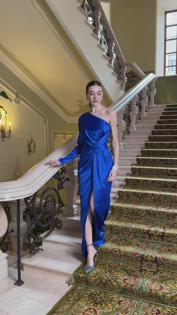 Premium Mango Satin Long-Sleeve Evening Style Maxi Dress