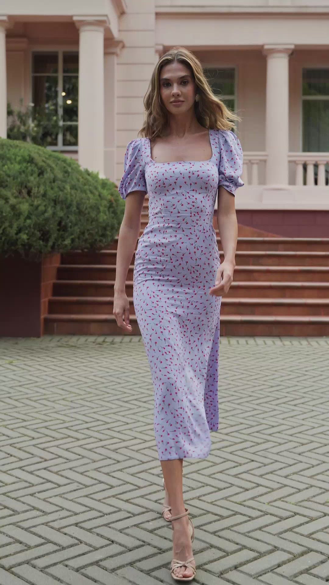 Tulip Print Viscose Twill Maxi Dress in Lavender/Yellow