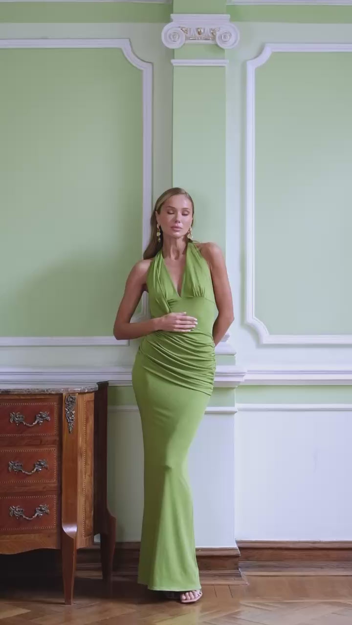 Classic Fitted Knit Dress in Thick Olive-Colored Knit Fabric