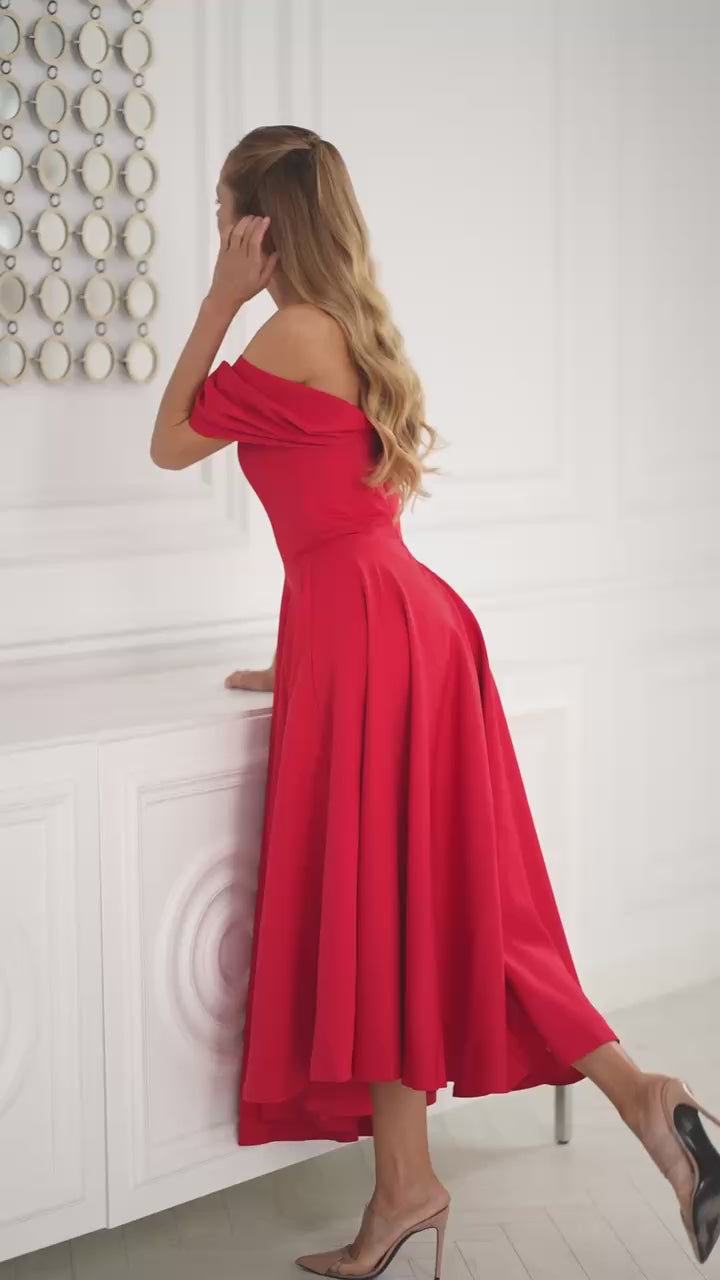 Off Shoulder Midi Dress – Elegant A-Line Evening Dress