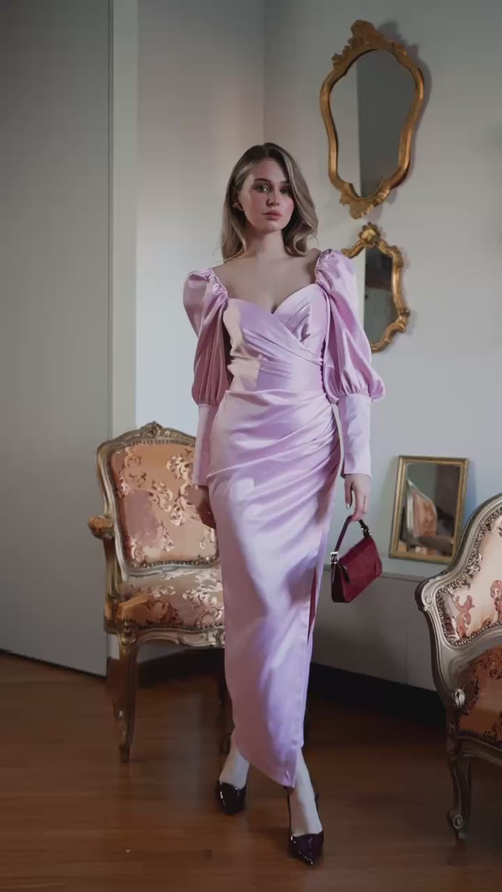 Elegant Midi Dress in Mango Royal Satin with Cuffed Sleeves