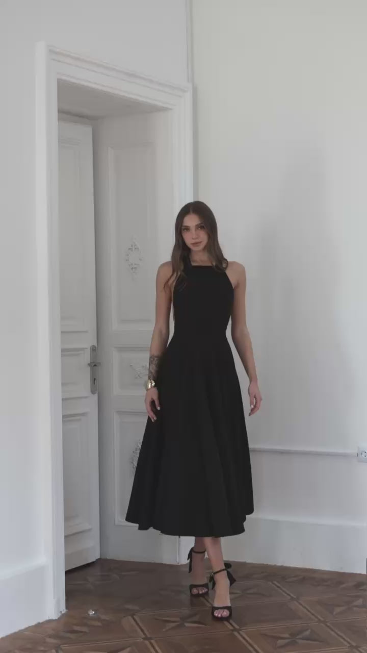 Classic Premium Twill Midi Dress with Elegant Drape, Tailored Fit