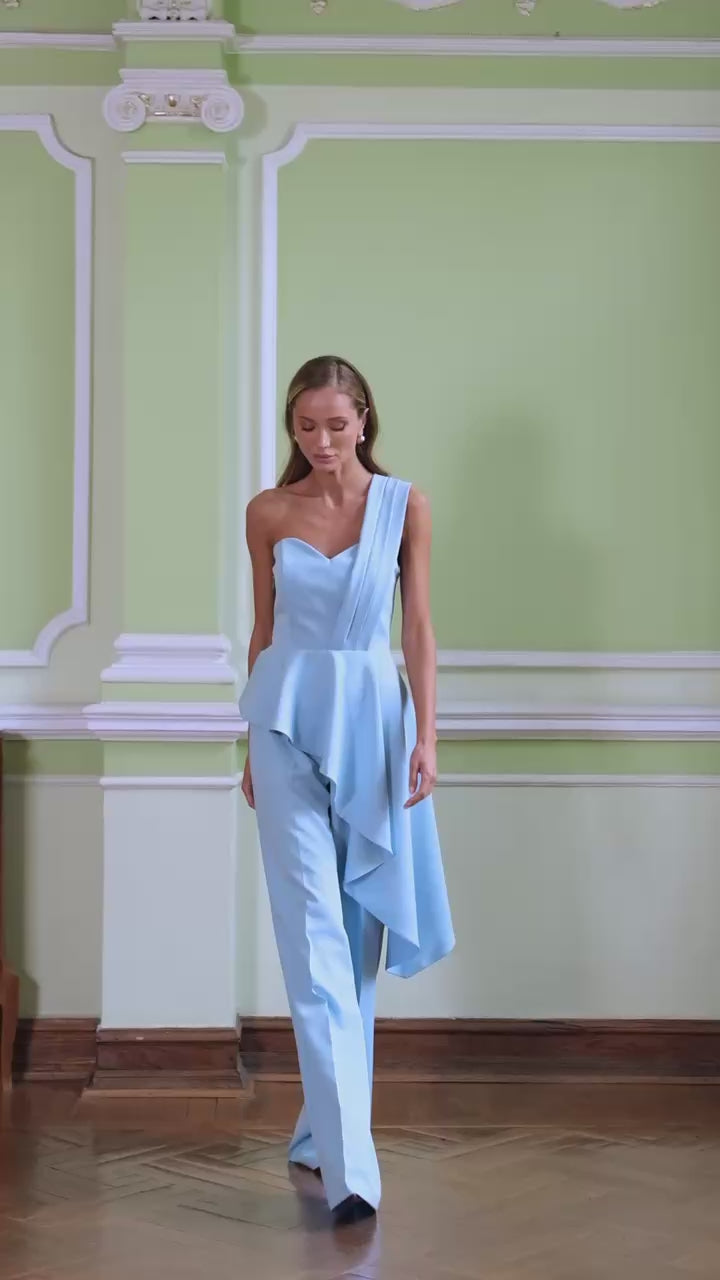 Women's Peplum Suit in Premium Twill Crepe with Tailored Pants