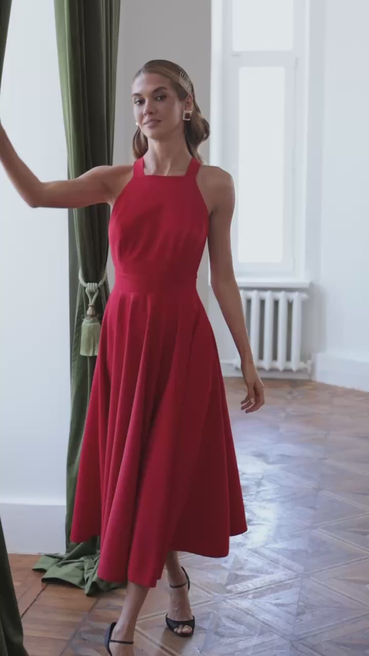 Classic Premium Twill Midi Dress with Elegant Drape, Tailored Fit