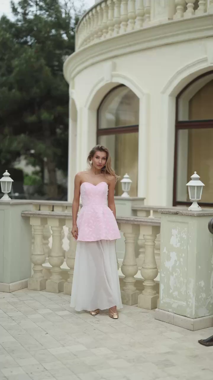 Diagonal Crepe Evening Dress Set - 3D Feather Peplum Dress + Skirt