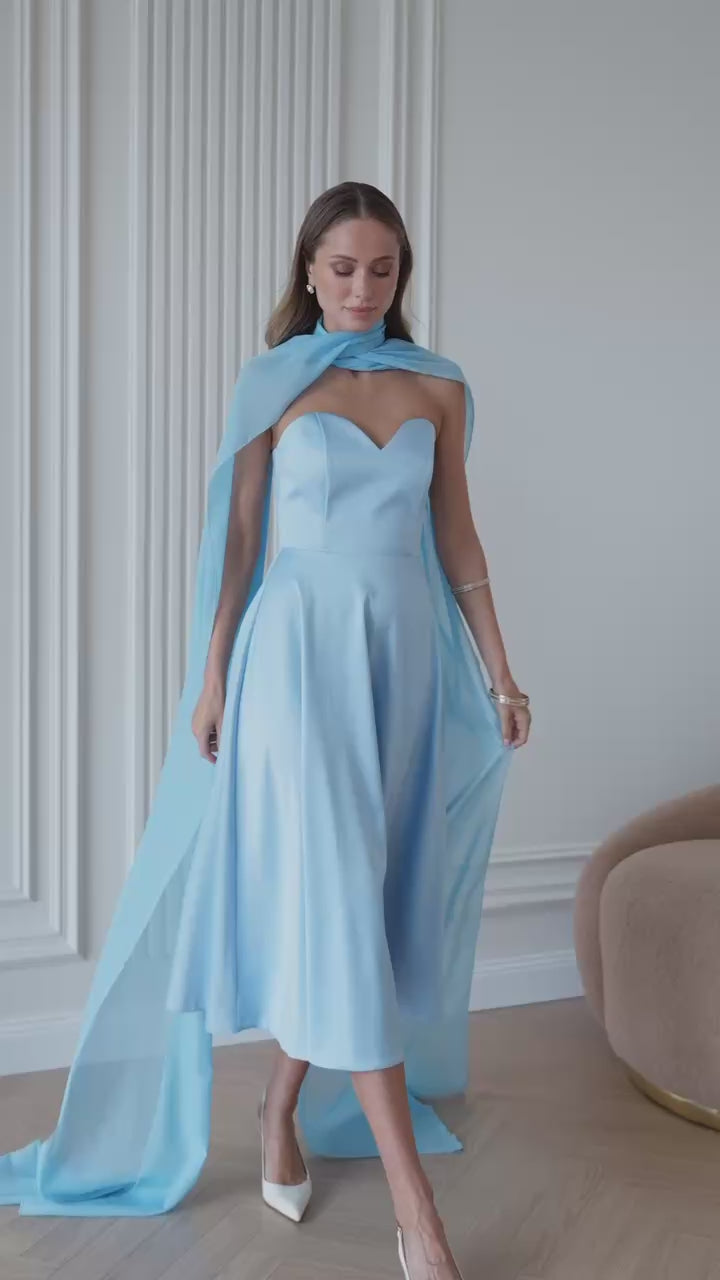 Women's Elegant Evening Midi Corset Dress in Royal Satin