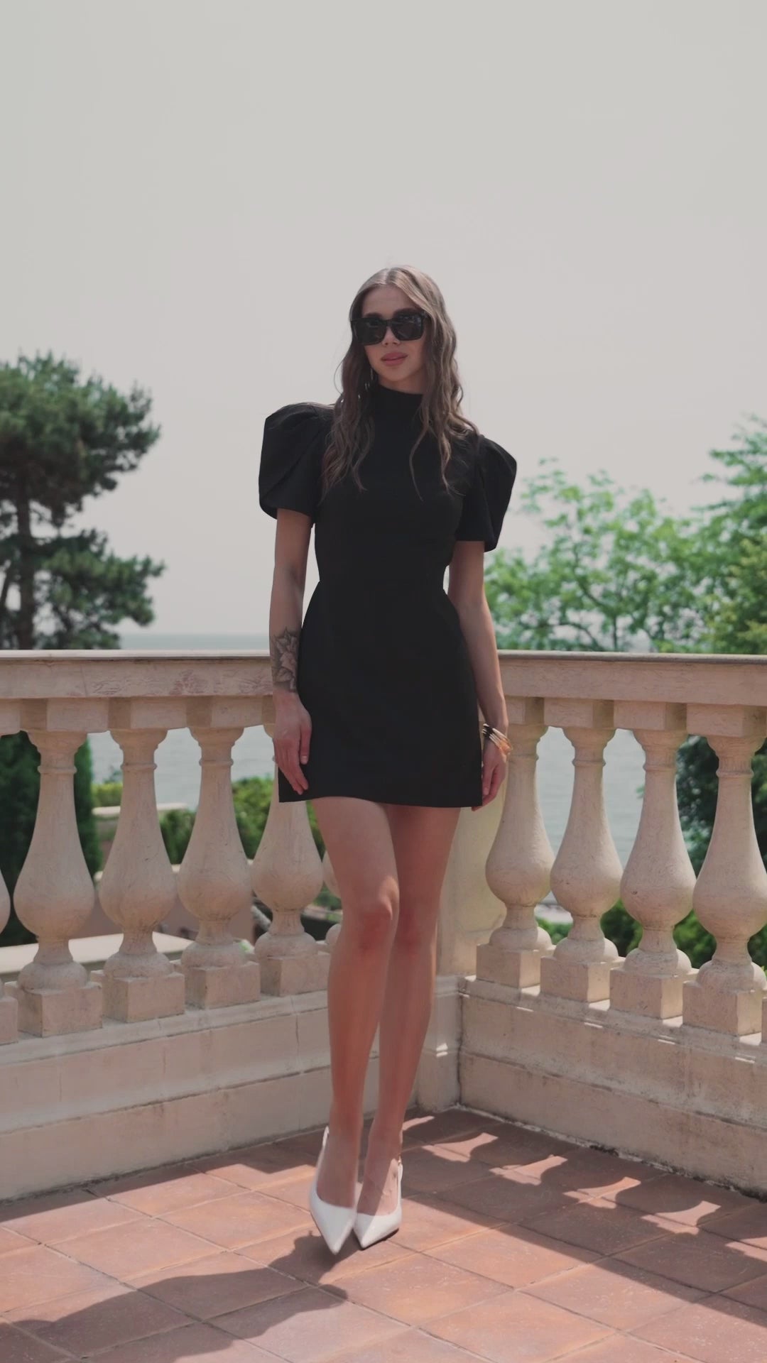 Tailored Crepe Mini Dress with Short Sleeves and Shaping