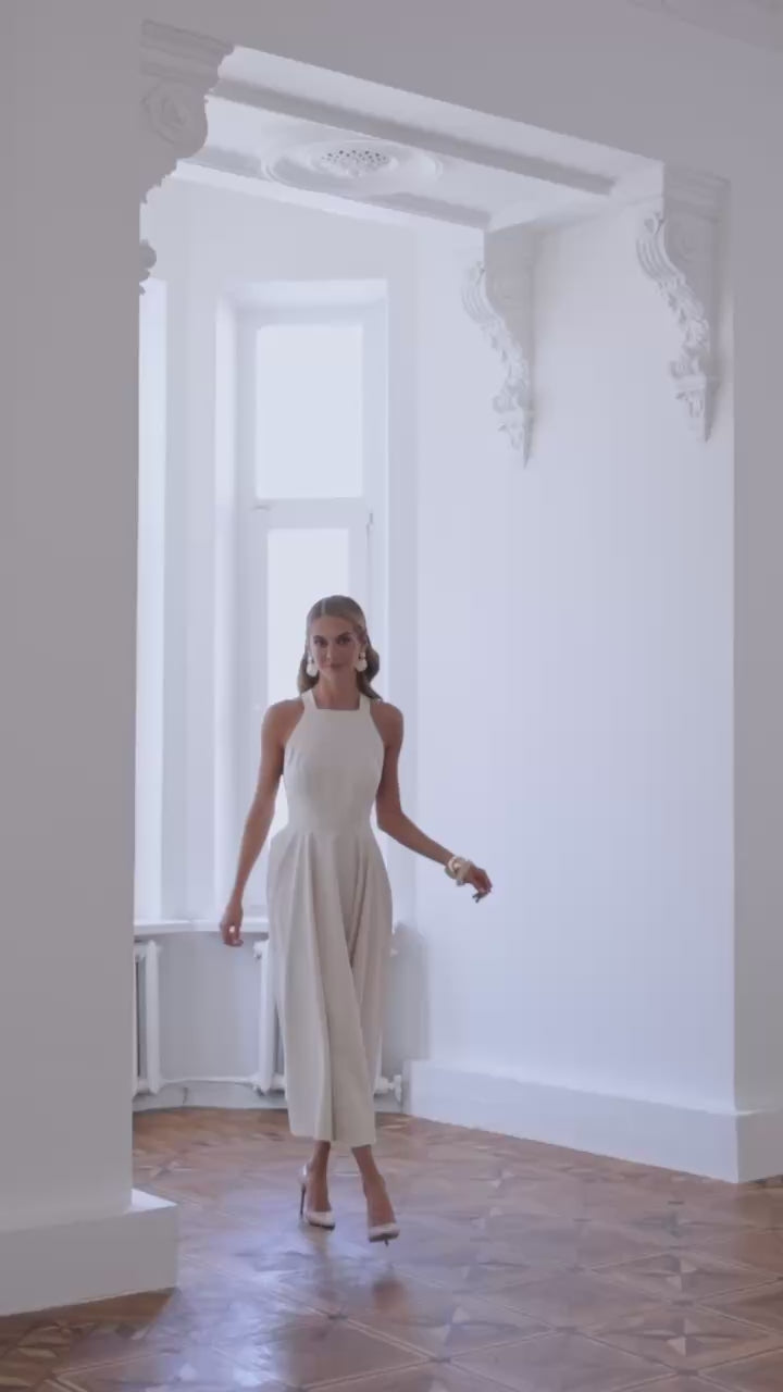 Classic Premium Twill Midi Dress with Elegant Drape, Tailored Fit