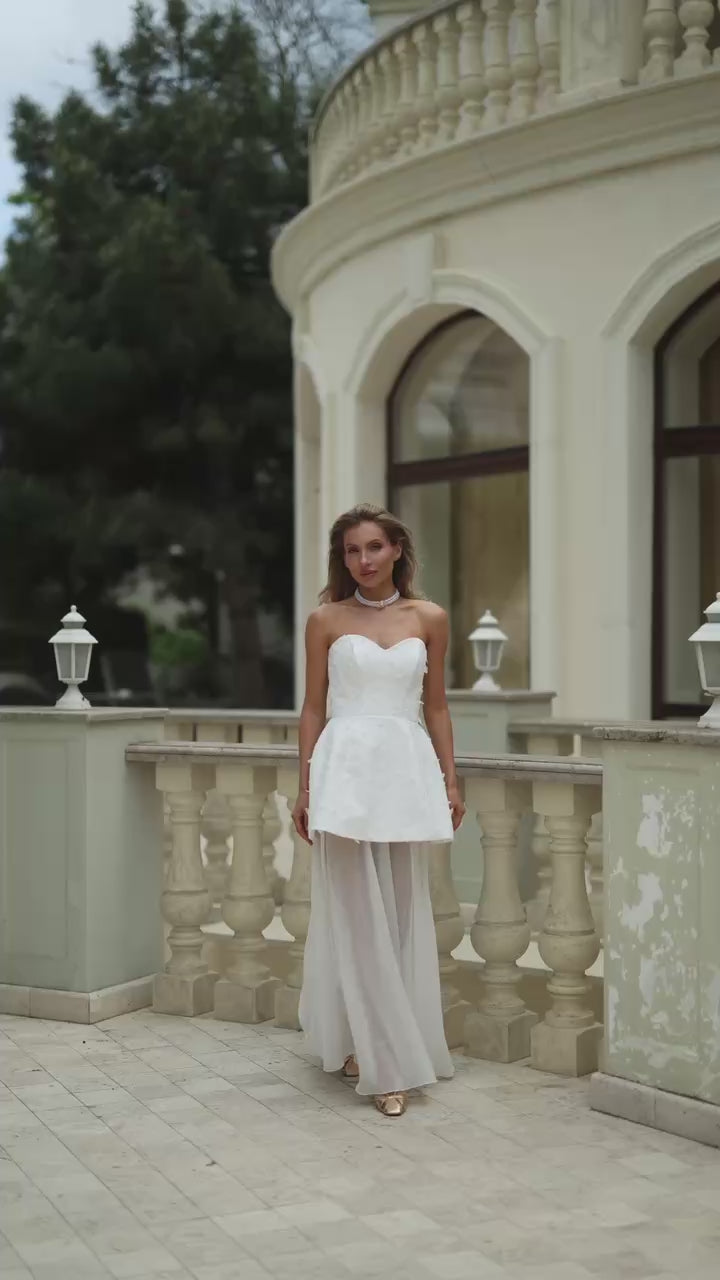 Diagonal Crepe Evening Dress Set - 3D Feather Peplum Dress + Skirt
